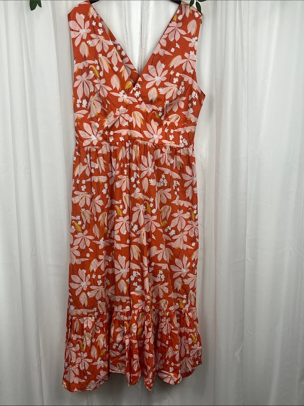 Sachin & Babi Midi Dress 14 Burnt Orange Pink Floral Ruffle Hem Side Zip EUC